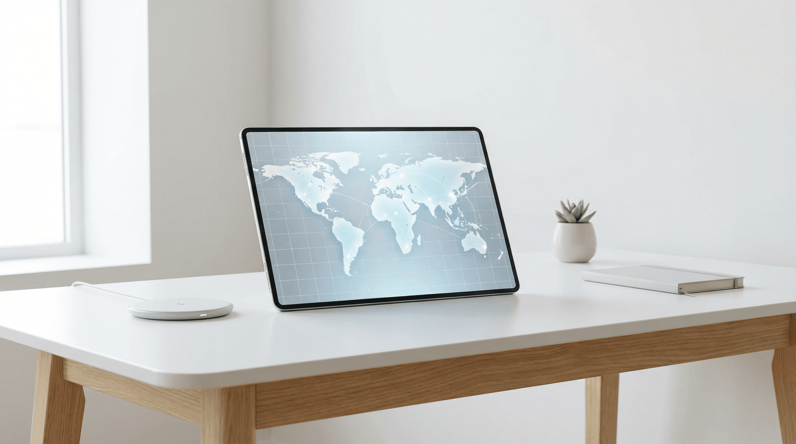 背景に薄く世界地図のグリッド線が走るデスクとタブレット